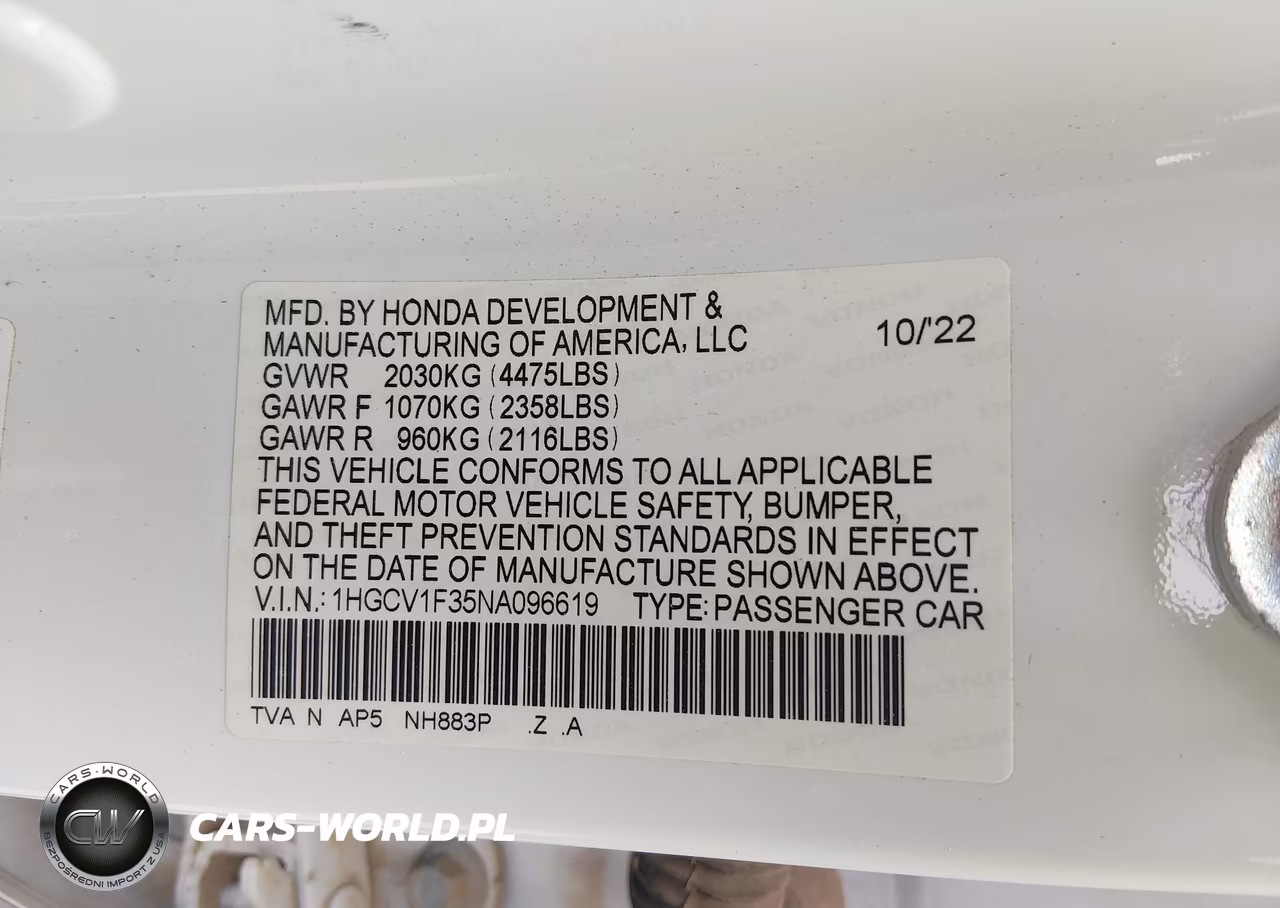 2022 Honda Accord Sport VIN:1HGCV1F35NA096619 - 9