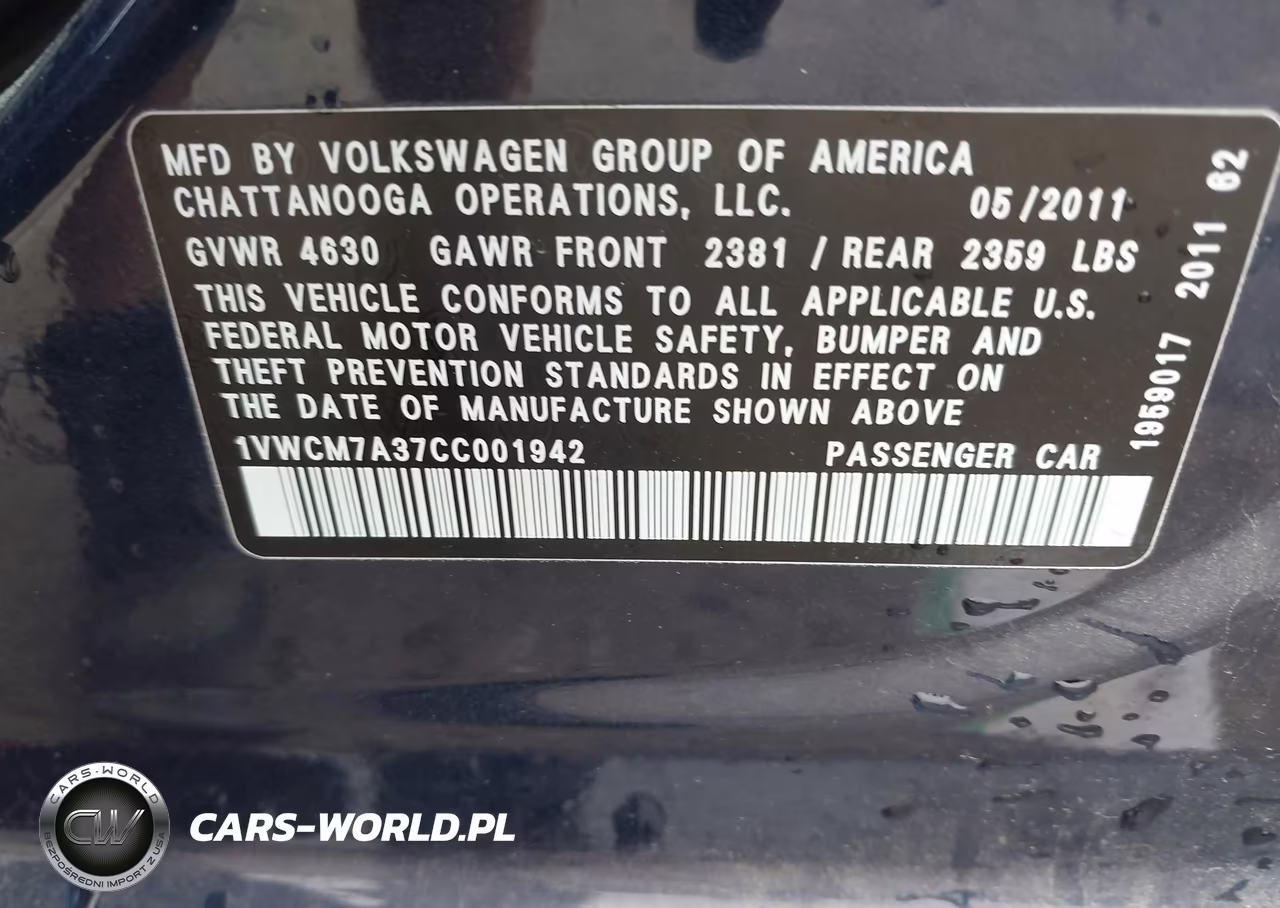 2012 Volkswagen Passat 3.6L V6 Sel Premium VIN:1VWCM7A37CC001942 - 9
