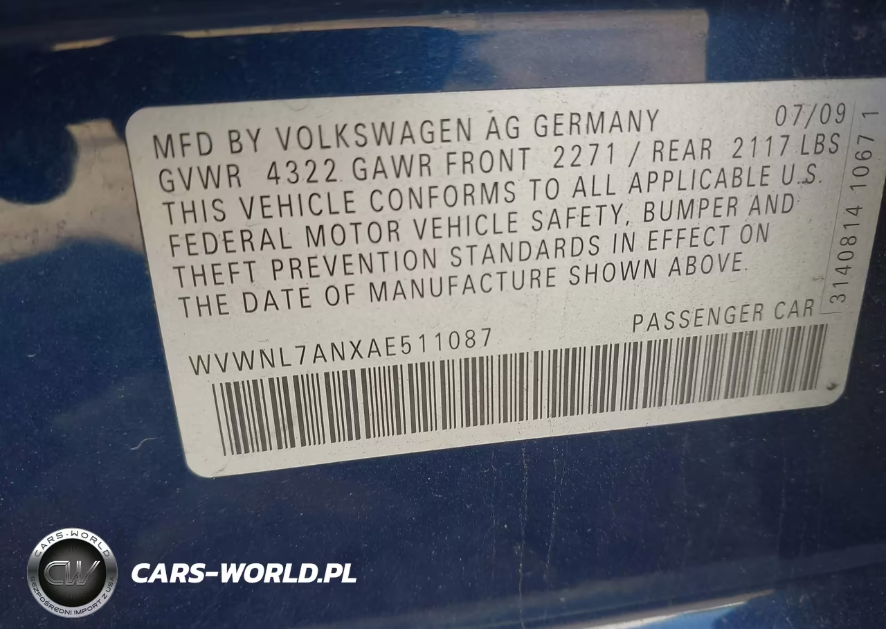 2010 Volkswagen Cc Sport VIN:WVWNL7ANXAE511087 - 9