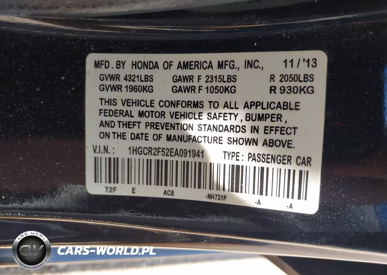 2014 Honda Accord Sport VIN:1HGCR2F52EA091941 - 9