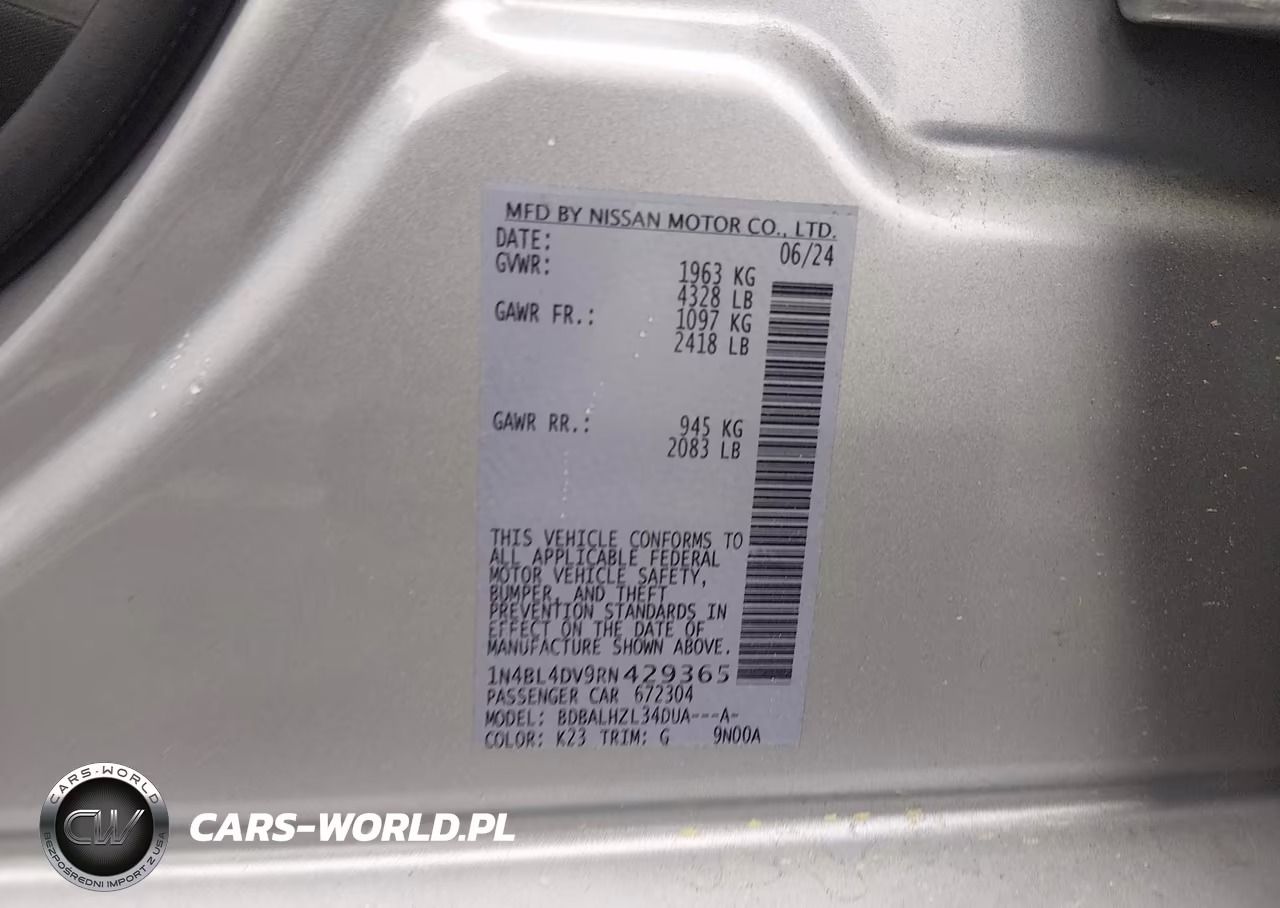 2024 Nissan Altima Sv Fwd VIN:1N4BL4DV9RN429365 - 9