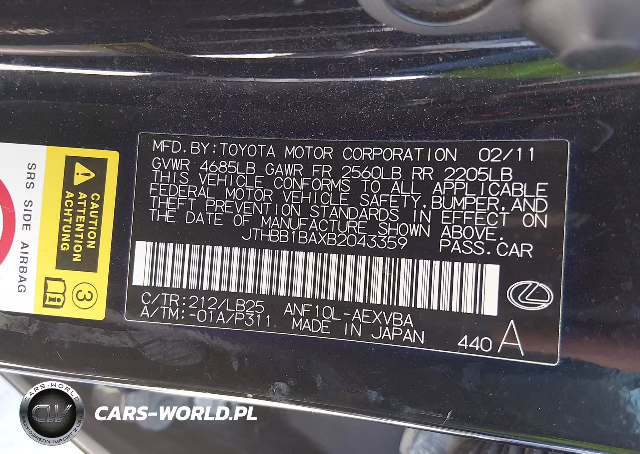 2011 Lexus Hs 250H VIN:JTHBB1BAXB2043359 - 9
