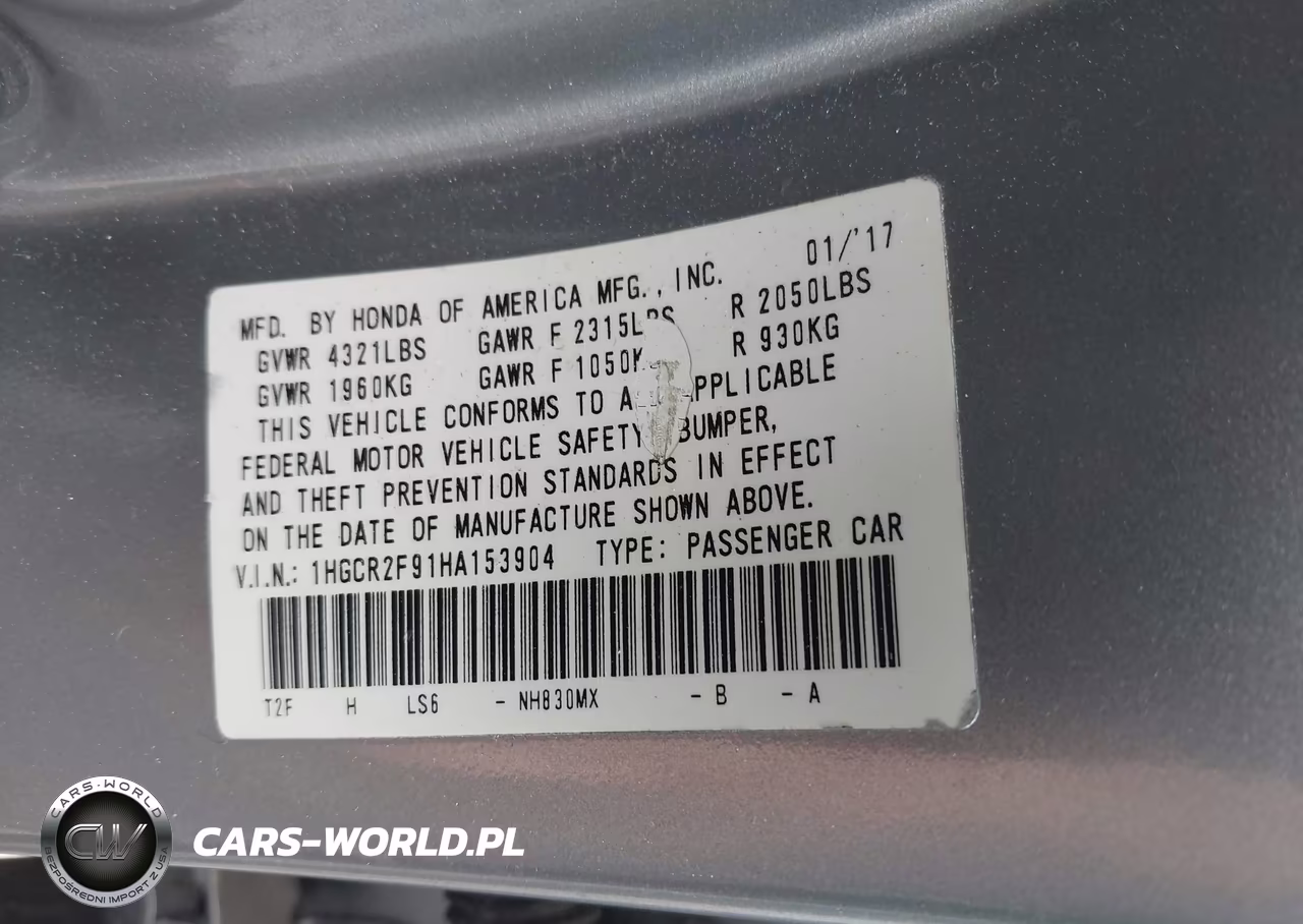 2017 Honda Accord Ex-L VIN:1HGCR2F91HA153904 - 9