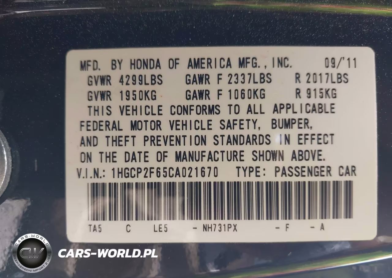 2012 Honda Accord 2.4 Se VIN:1HGCP2F65CA021670 - 9