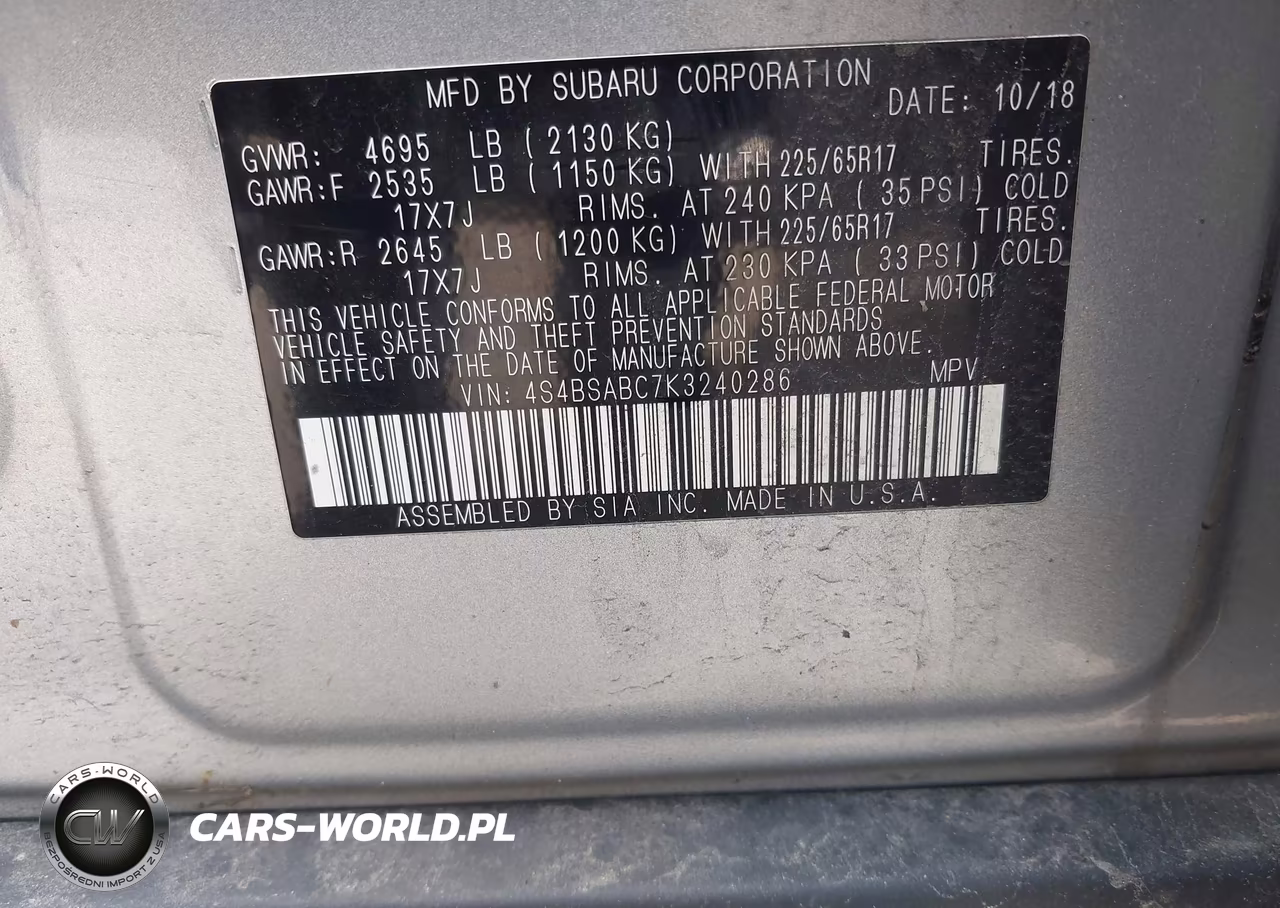 2019 Subaru Outback 2.5I VIN:4S4BSABC7K3240286 - 9