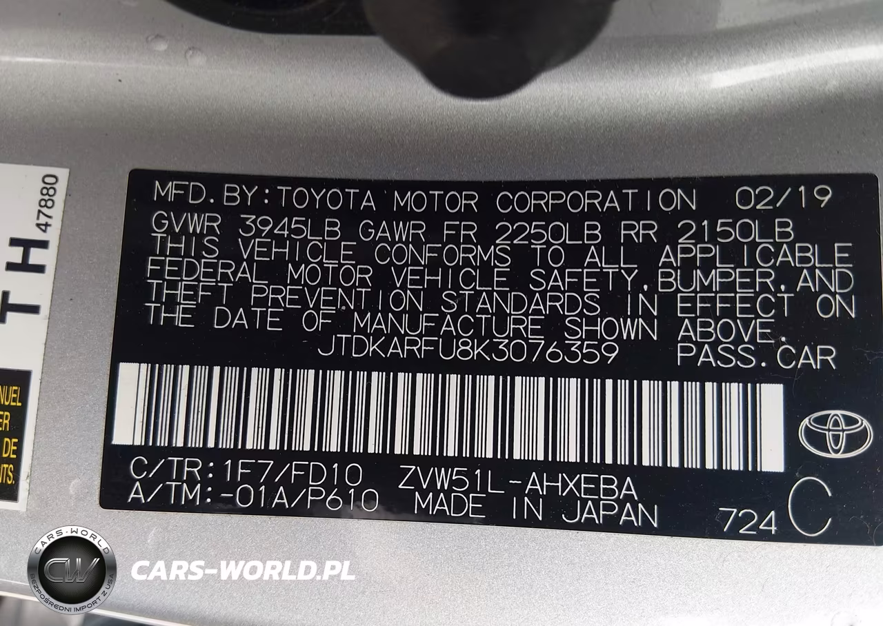 2019 Toyota Prius Le VIN:JTDKARFU8K3076359 - 9