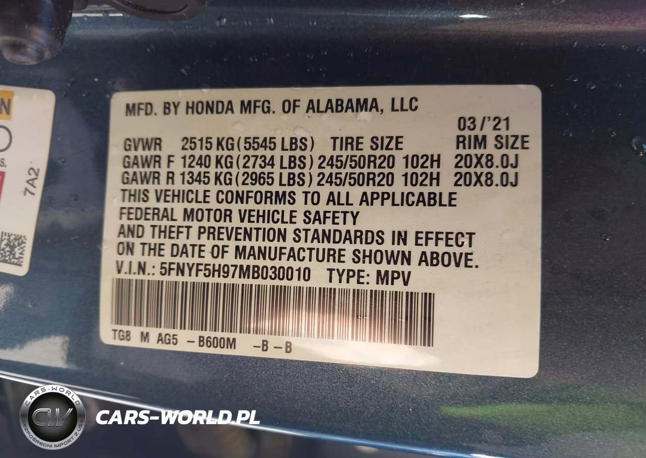 2021 Honda Pilot 2Wd Touring 8 Passenger VIN:5FNYF5H97MB030010 - 9