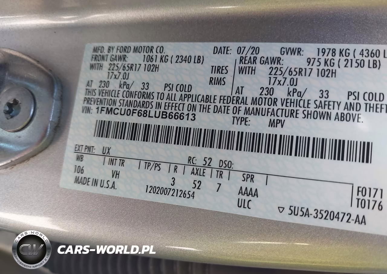 2020 Ford Escape S VIN:1FMCU0F68LUB66613 - 9