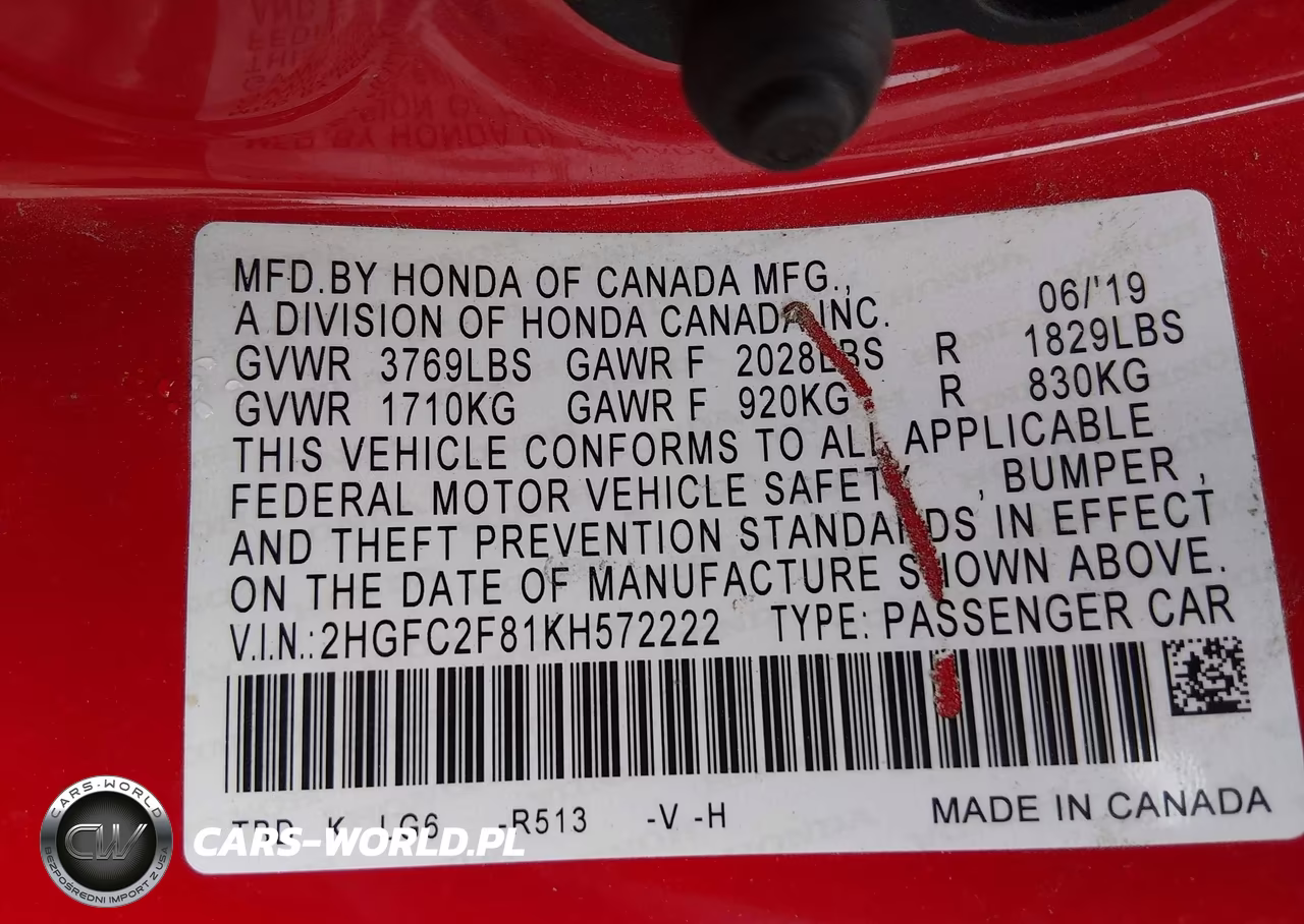 2019 Honda Civic Sport VIN:2HGFC2F81KH572222 - 9