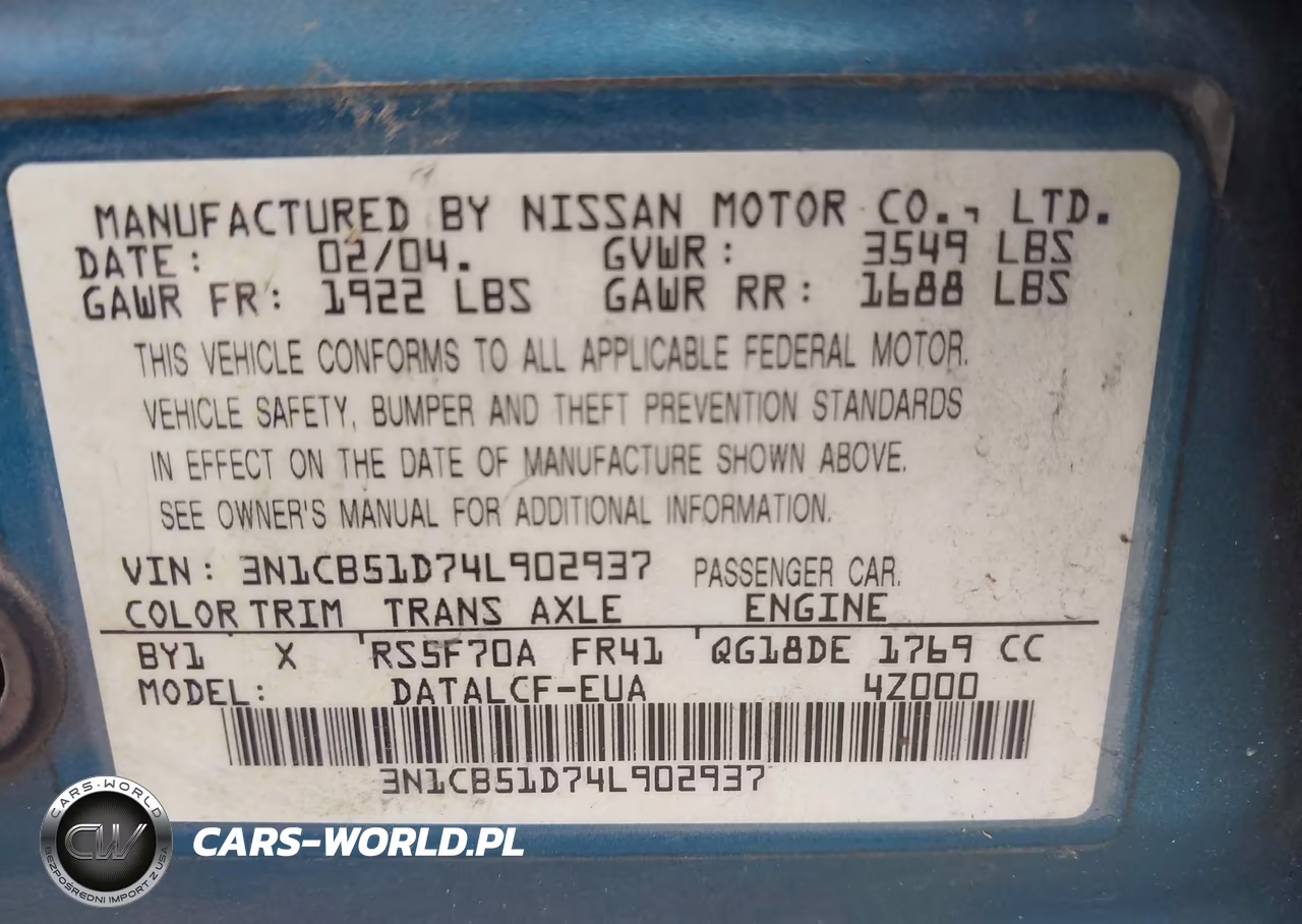 2004 Nissan Sentra 1.8 VIN:3N1CB51D74L902937 - 9