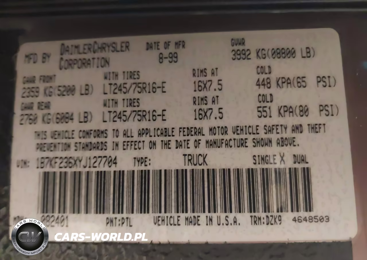 2000 Dodge Ram 2500 St VIN:1B7KF236XYJ127704 - 9