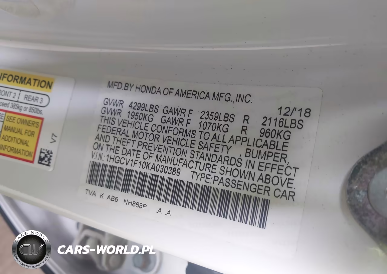 2019 Honda Accord Lx VIN:1HGCV1F10KA030389 - 9