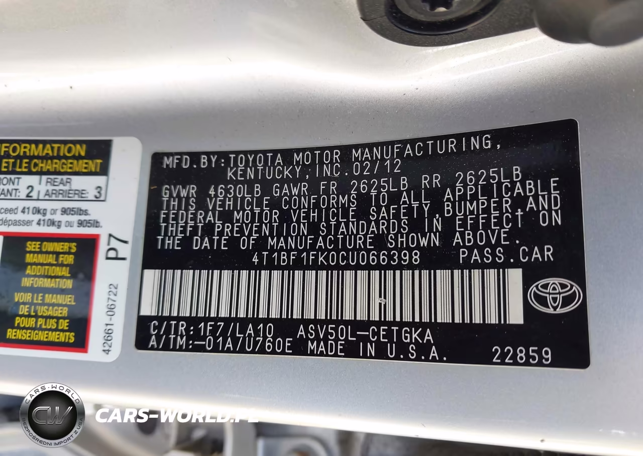 2012 Toyota Camry Xle VIN:4T1BF1FK0CU066398 - 9