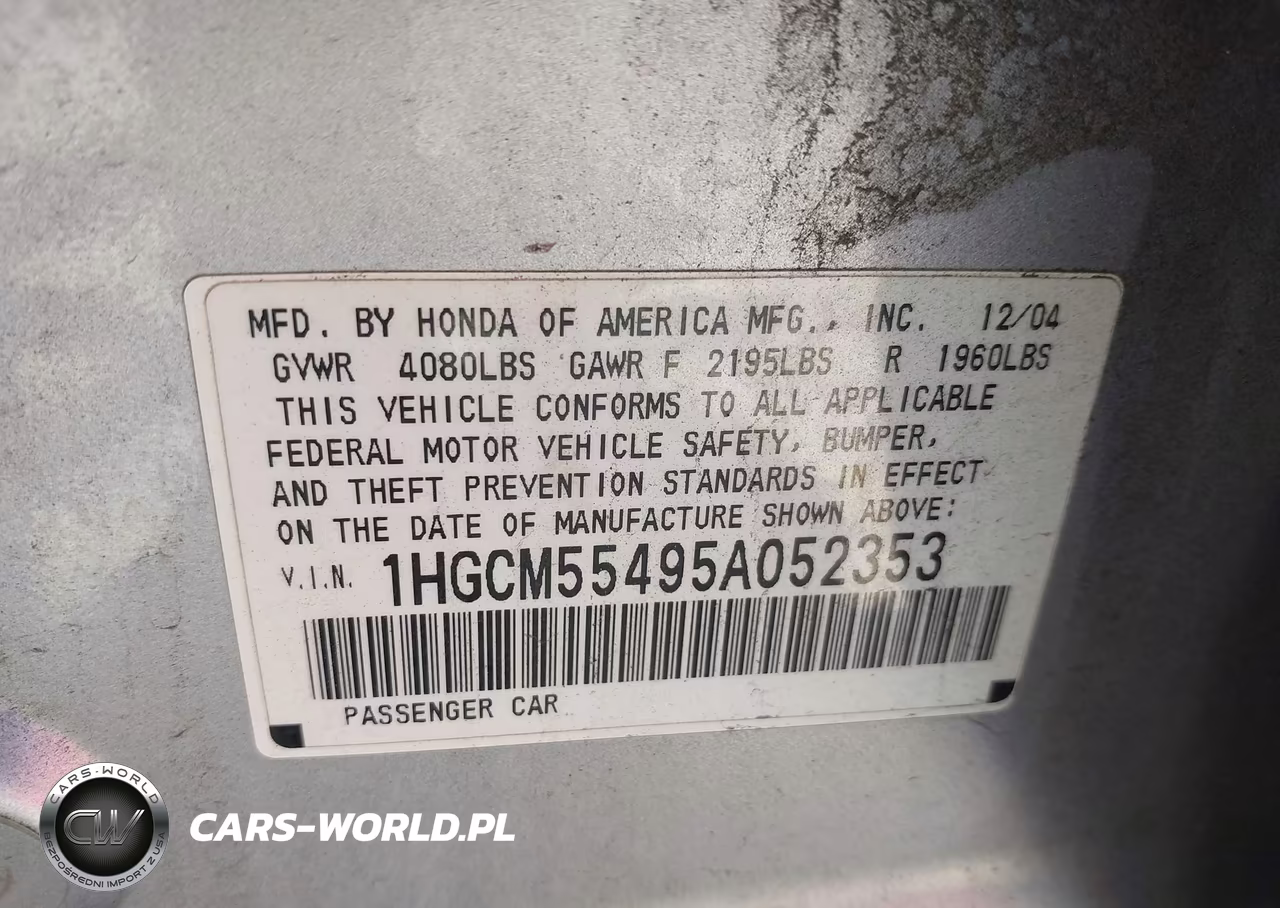 2005 Honda Accord 2.4 Lx VIN:1HGCM55495A052353 - 9