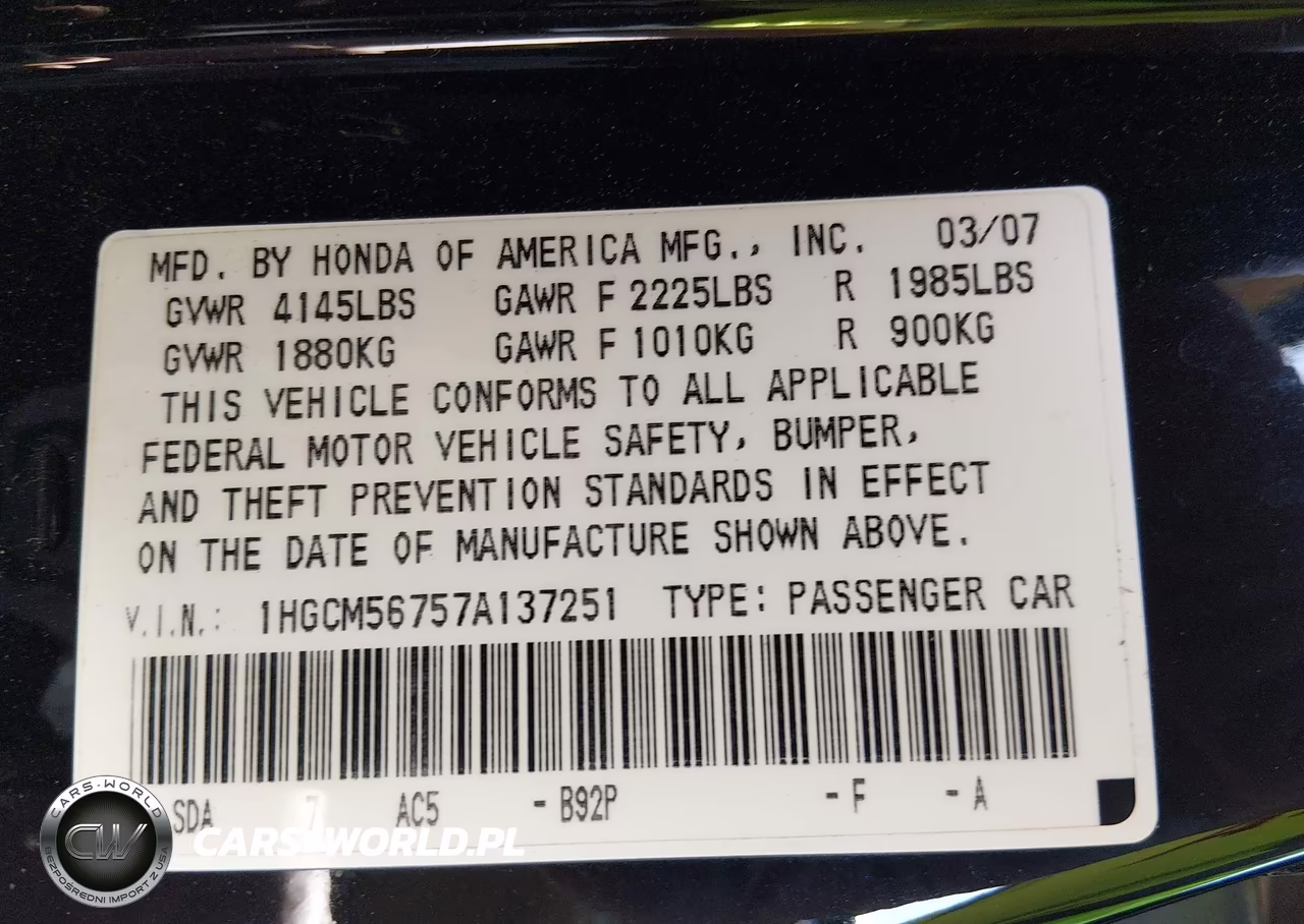 2007 Honda Accord 2.4 Ex VIN:1HGCM56757A137251 - 9