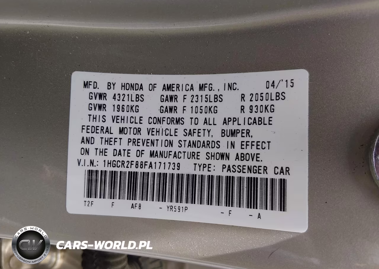 2015 Honda Accord Ex-L VIN:1HGCR2F88FA171739 - 9