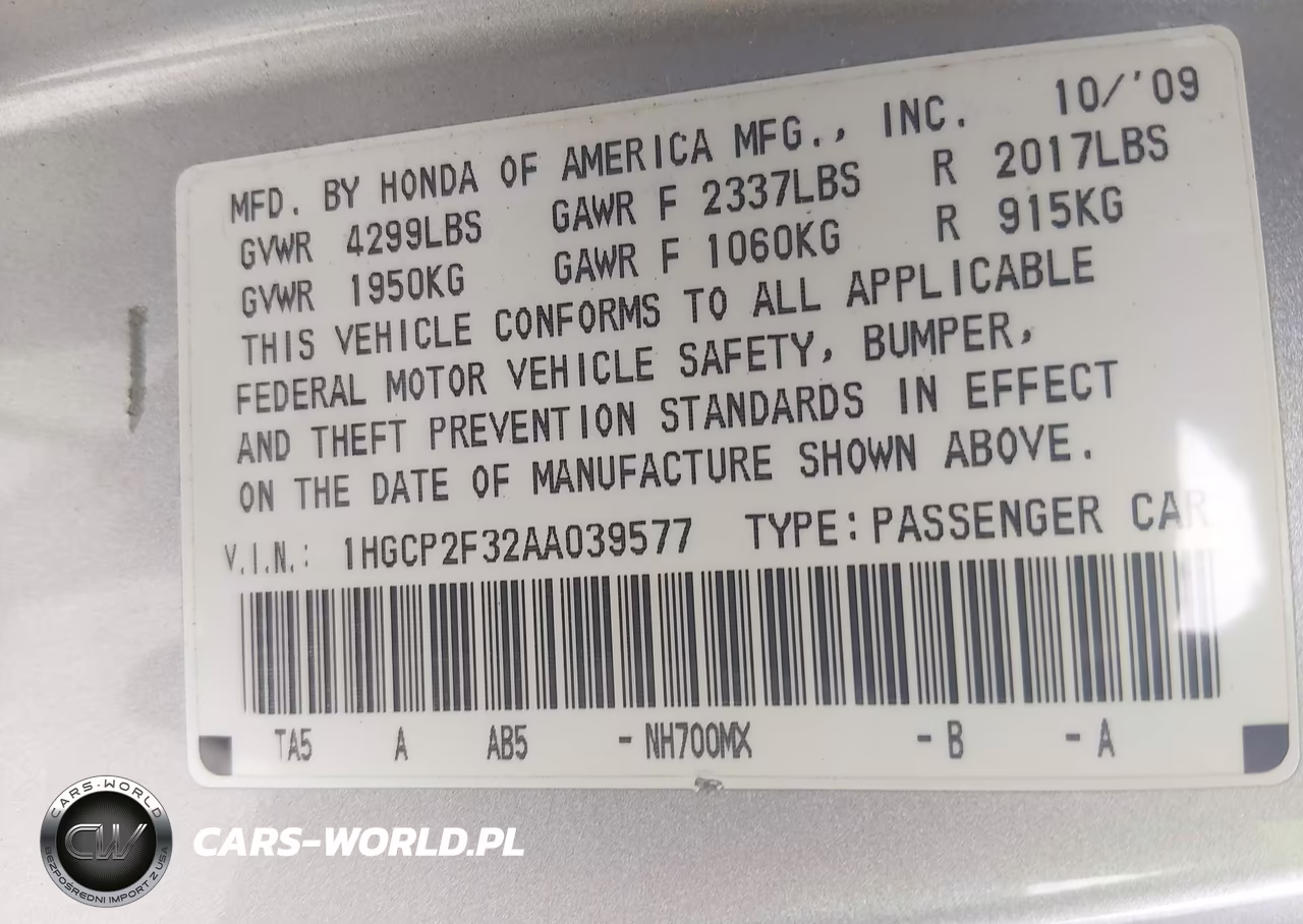 2010 Honda Accord 2.4 Lx VIN:1HGCP2F32AA039577 - 9