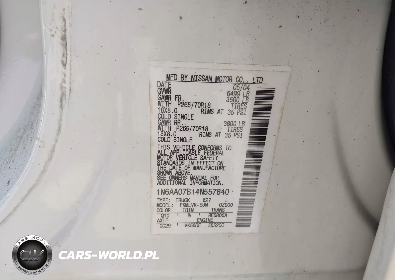 2004 Nissan Titan Le VIN:1N6AA07B14N557840 - 9