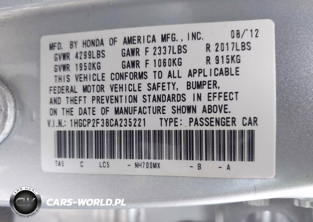 2012 Honda Accord 2.4 Lx VIN:1HGCP2F38CA235221 - 9