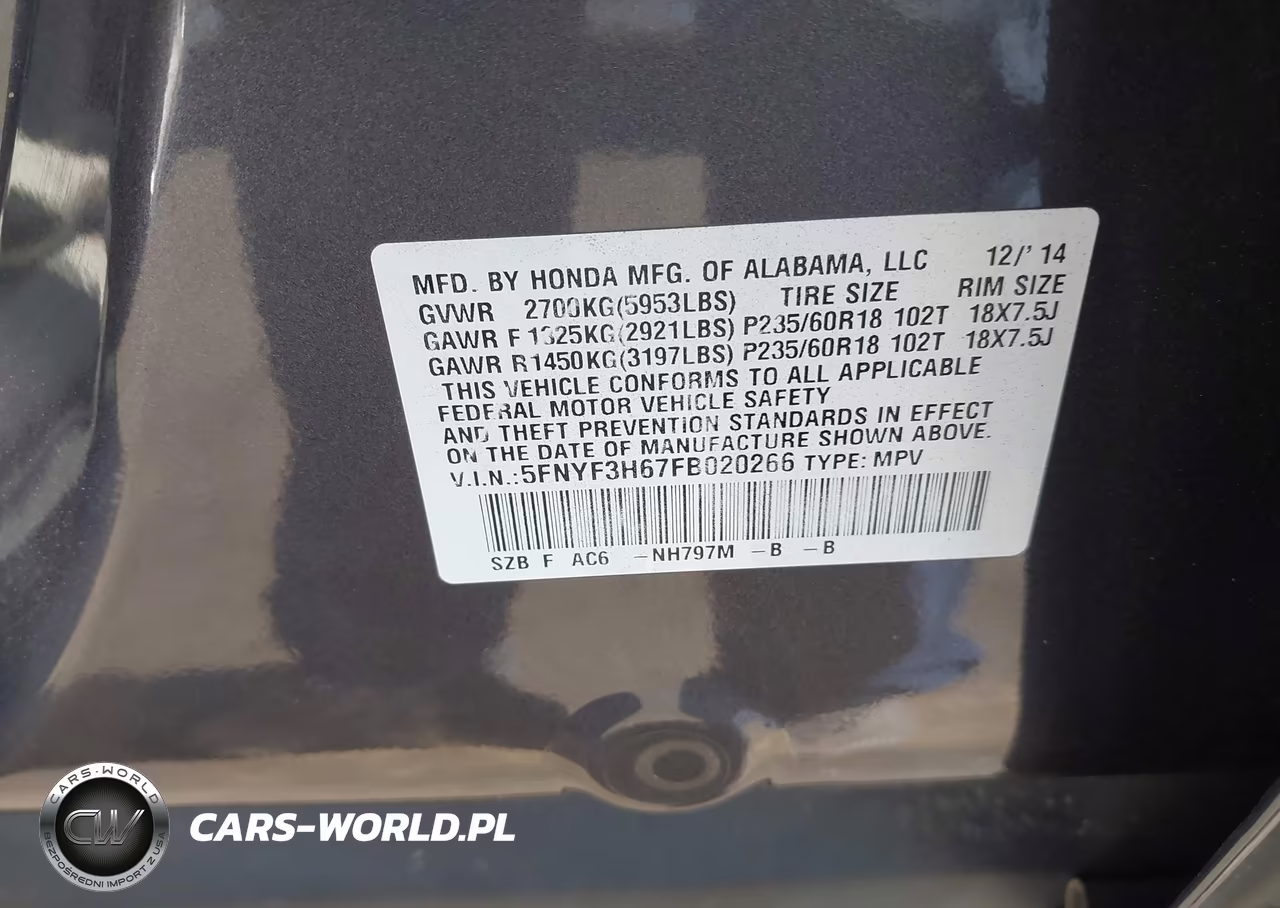 2015 Honda Pilot Ex-L VIN:5FNYF3H67FB020266 - 9