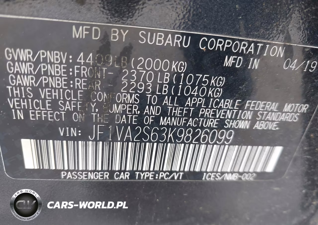 2019 Subaru Wrx Sti VIN:JF1VA2S63K9826099 - 9