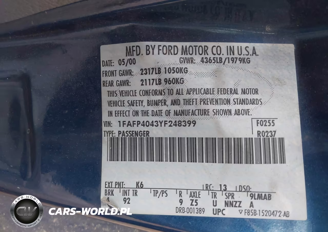 2000 Ford Mustang VIN:1FAFP4043YF248399 - 9