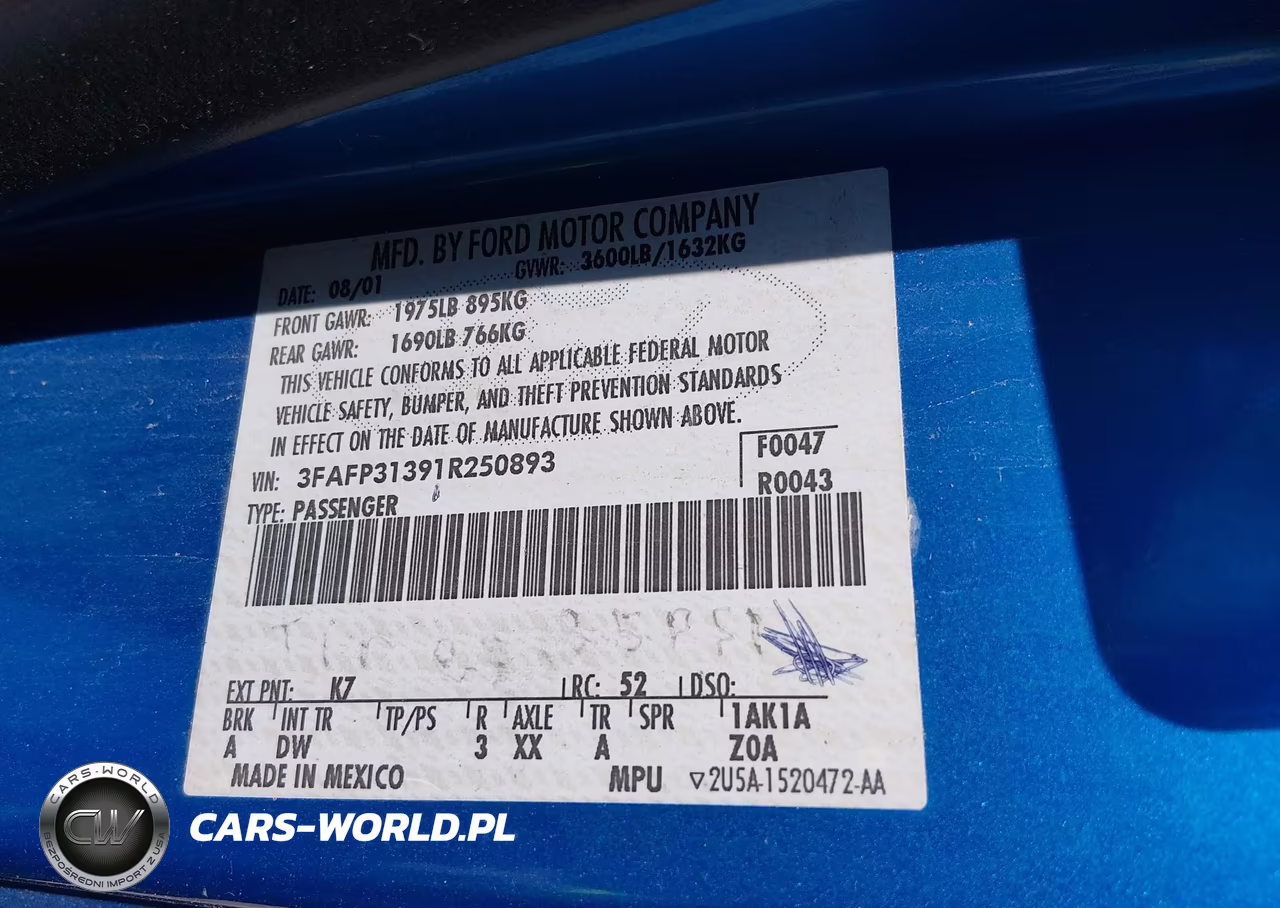 2001 Ford Focus Zx3 VIN:3FAFP31391R250893 - 9