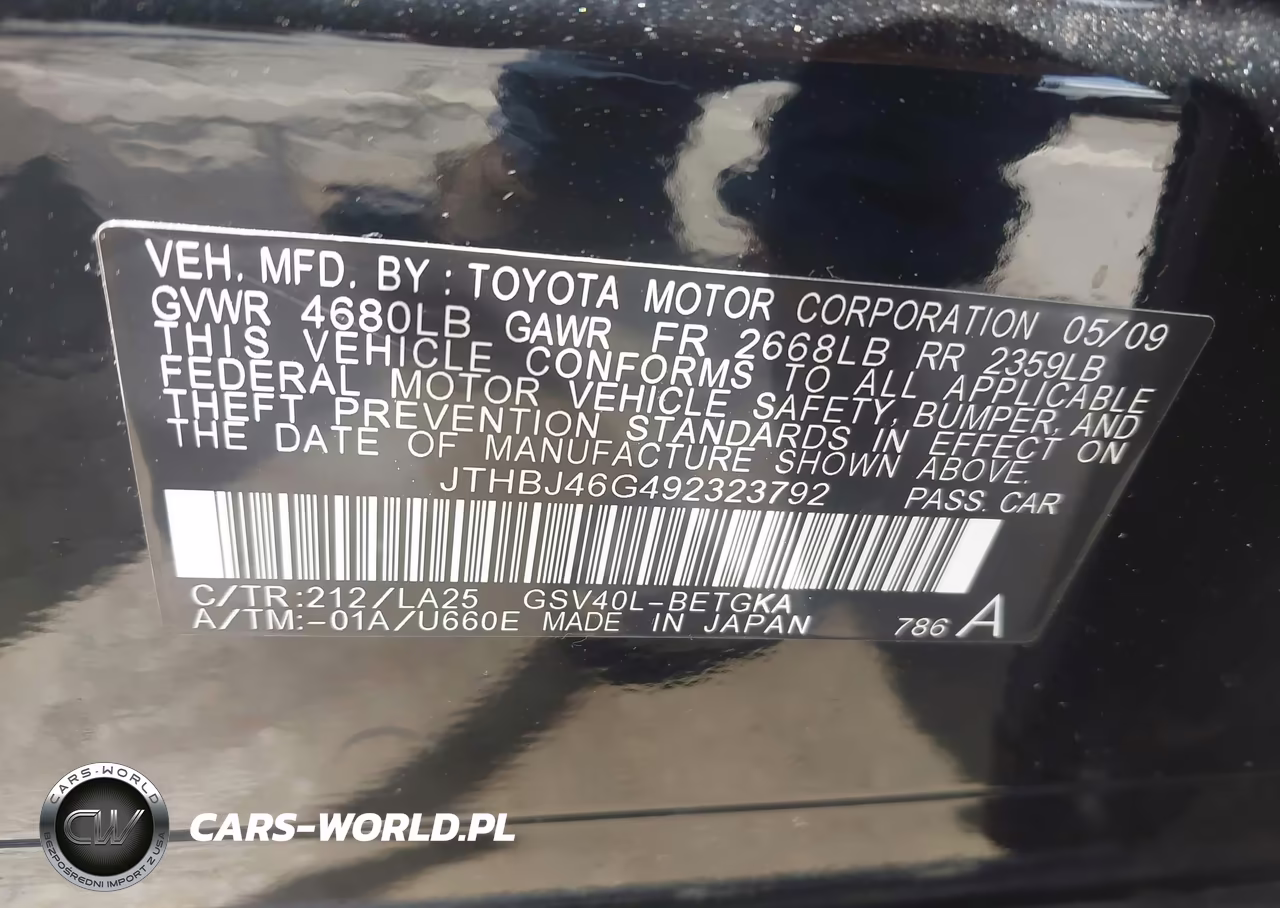 2009 Lexus Es 350 VIN:JTHBJ46G492323792 - 9