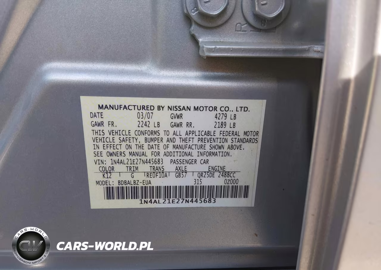 2007 Nissan Altima 2.5 S VIN:1N4AL21E27N445683 - 9