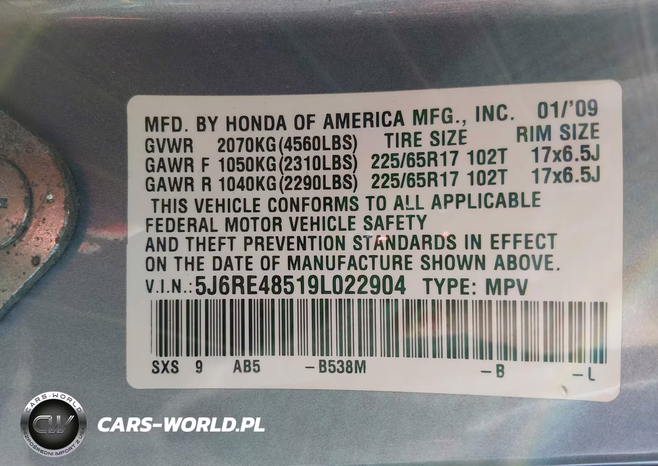 2009 Honda Cr-V Ex VIN:5J6RE48519L022904 - 9