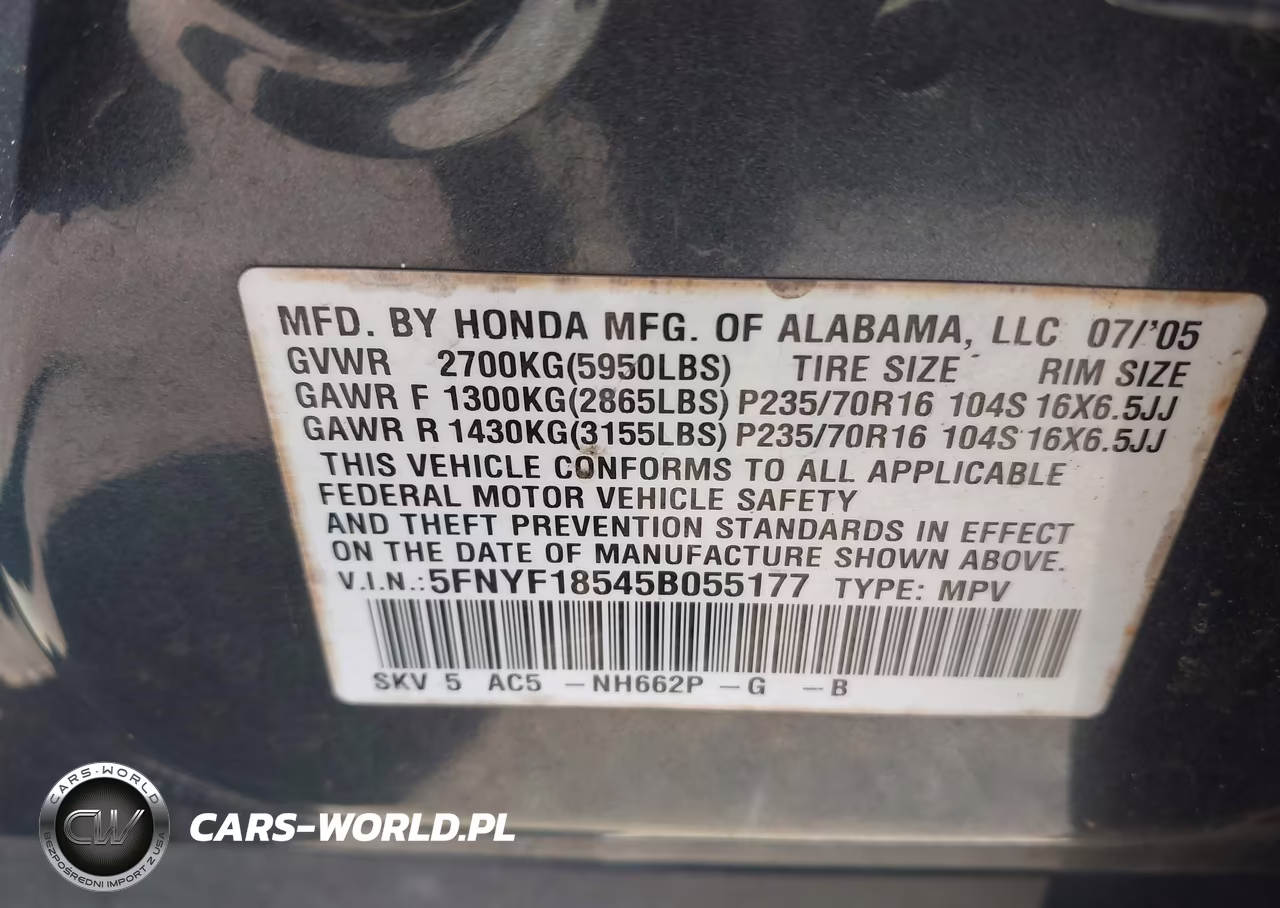 2005 Honda Pilot Ex-L VIN:5FNYF18545B055177 - 9