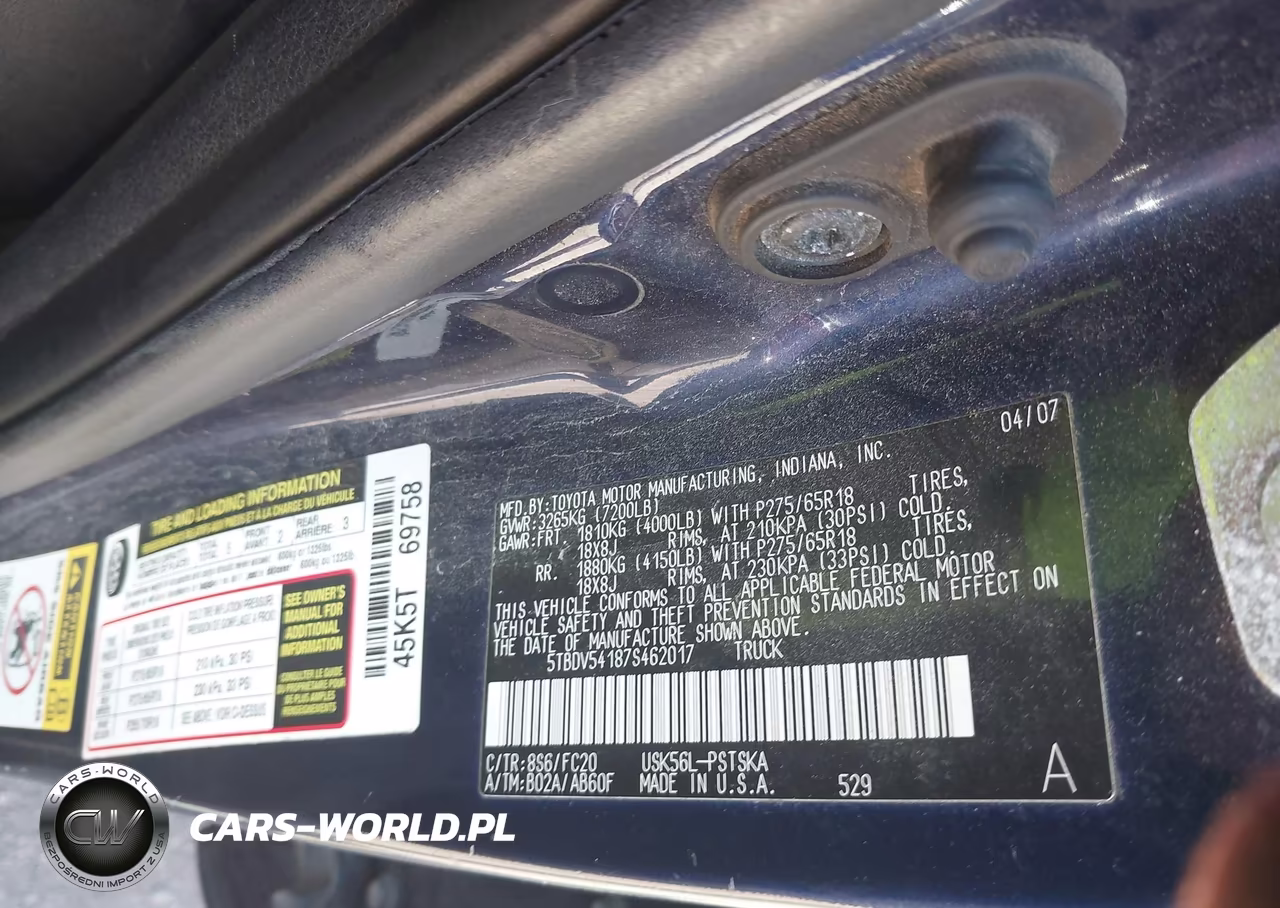 2007 Toyota Tundra Sr5 5.7L V8 VIN:5TBDV54187S462017 - 9