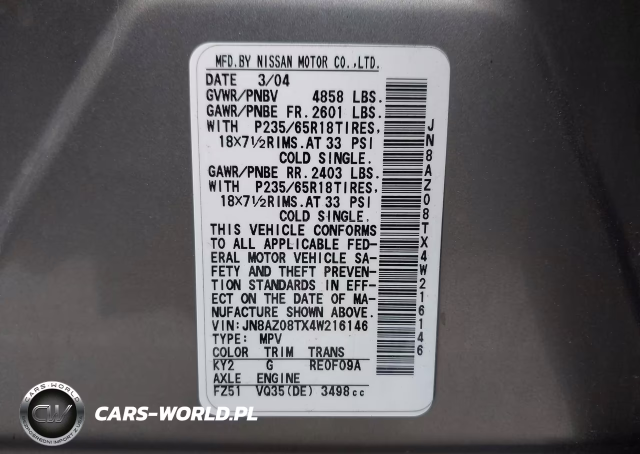 2004 Nissan Murano Sl VIN:JN8AZ08TX4W216146 - 9