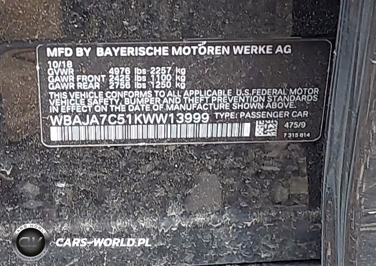 2019 BMW 530I xDrive VIN:WBAJA7C51KWW13999 - 9