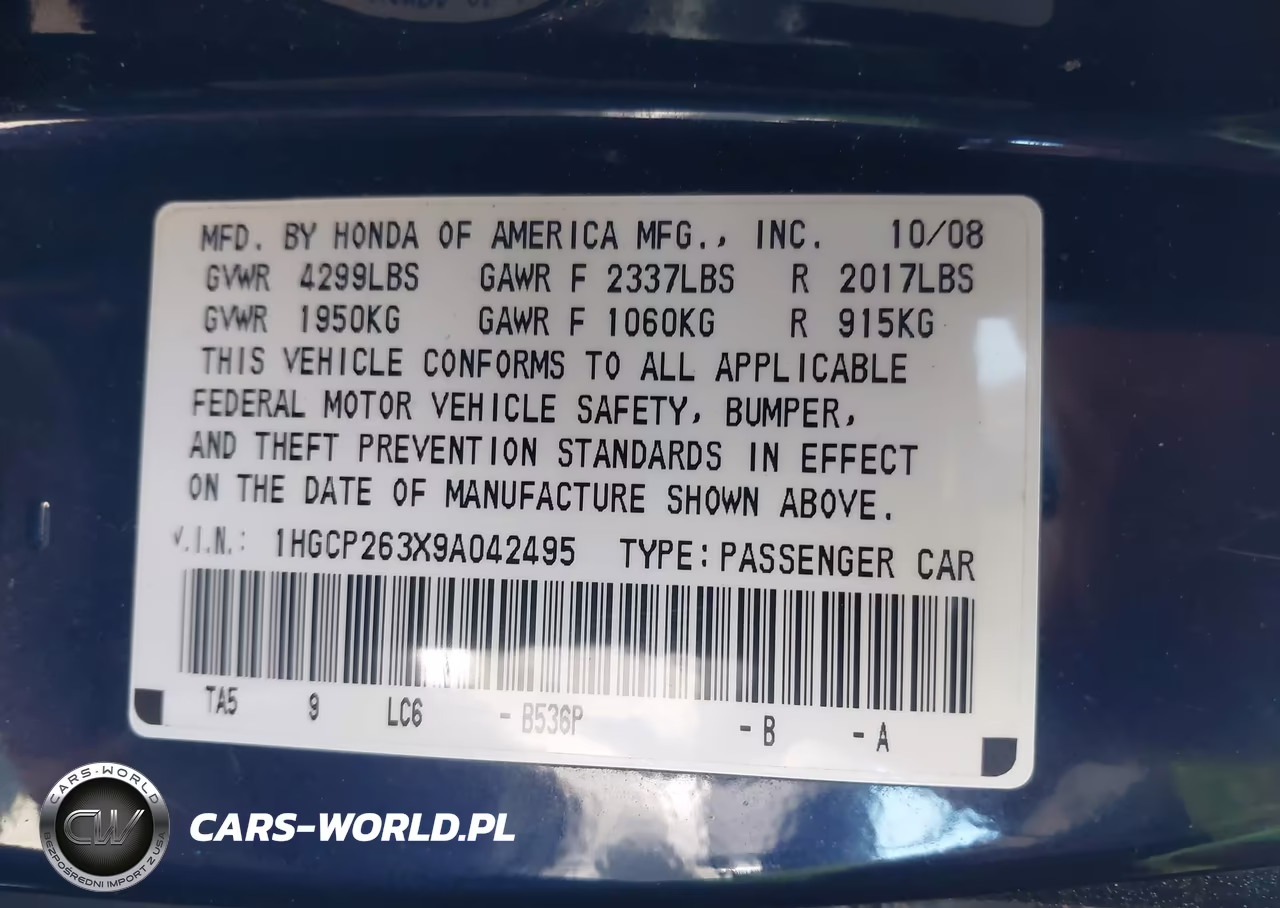 2009 Honda Accord 2.4 Lx VIN:1HGCP263X9A042495 - 9