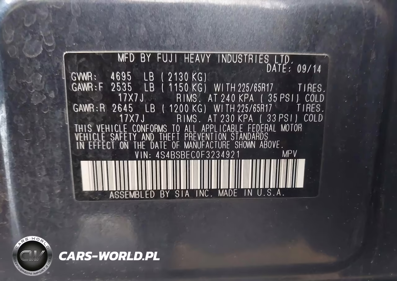 2015 Subaru Outback 2.5I Premium VIN:4S4BSBEC0F3234921 - 9