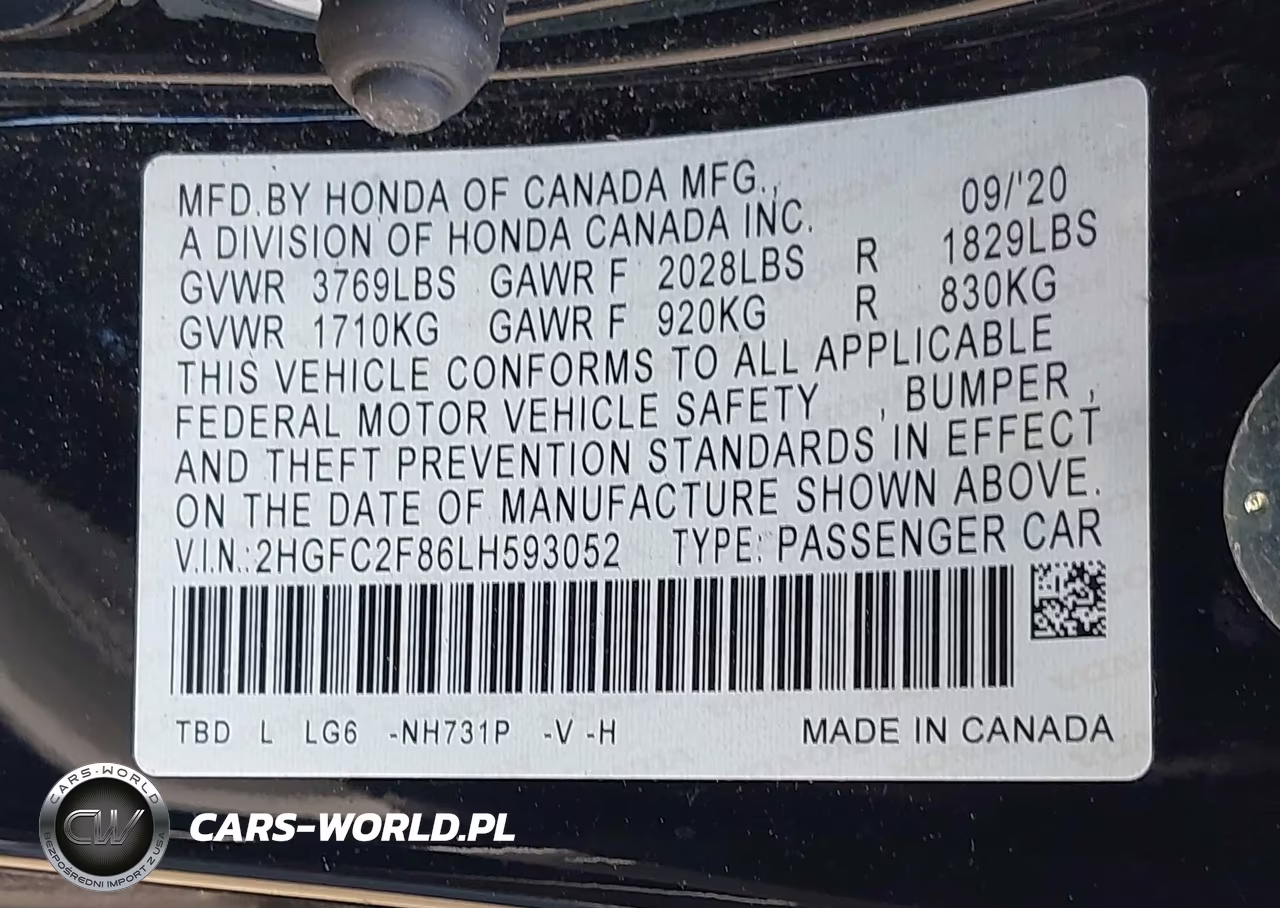2020 Honda Civic Sport VIN:2HGFC2F86LH593052 - 9