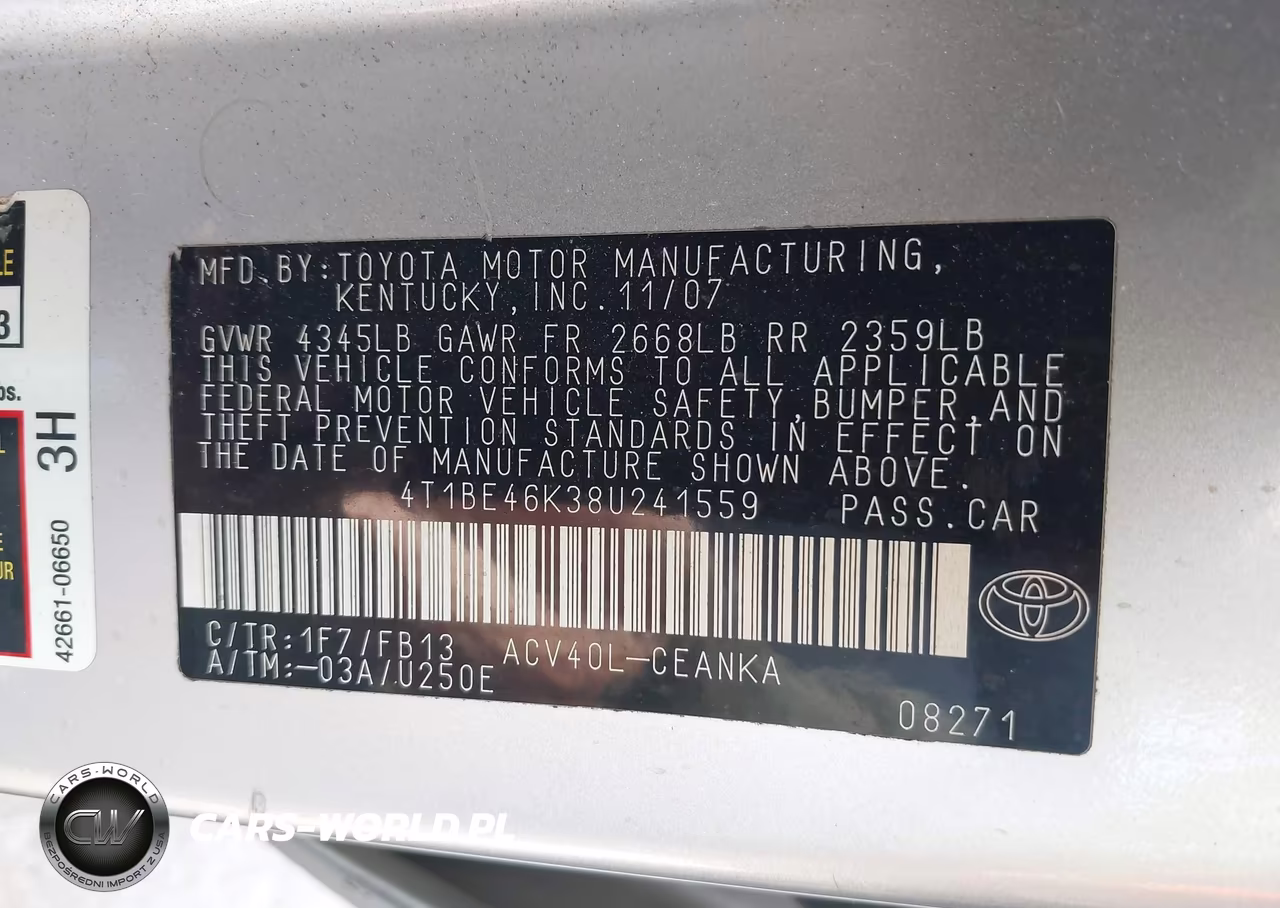 2008 Toyota Camry Le VIN:4T1BE46K38U241559 - 9
