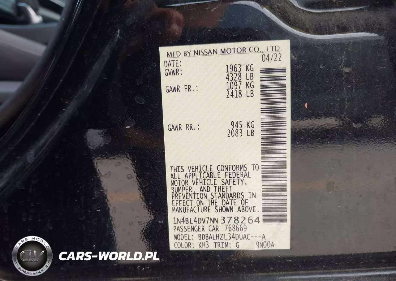 2022 Nissan Altima Sv Fwd VIN:1N4BL4DV7NN378264 - 9