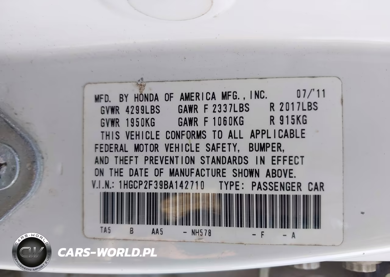 2011 Honda Accord 2.4 Lx VIN:1HGCP2F39BA142710 - 9