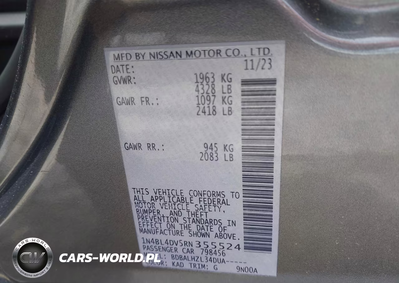 2024 Nissan Altima Sv Fwd VIN:1N4BL4DV5RN355524 - 9