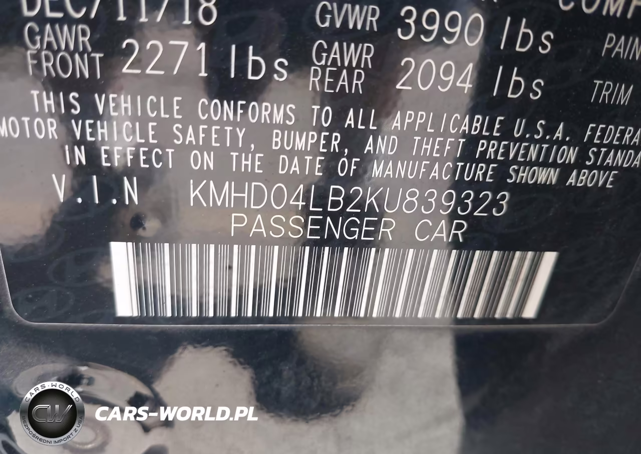 2019 Hyundai Elantra Sport VIN:KMHD04LB2KU839323 - 9