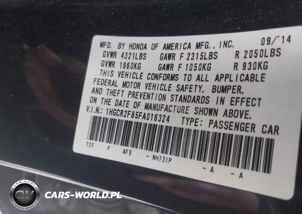 2015 Honda Accord Ex-L VIN:1HGCR2F85FA016324 - 9