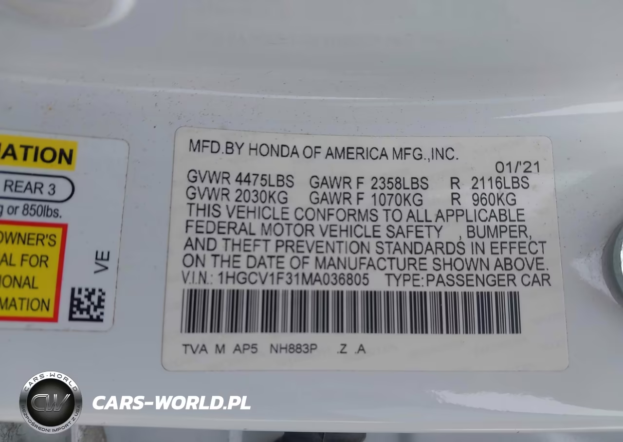 2021 Honda Accord Sport VIN:1HGCV1F31MA036805 - 9