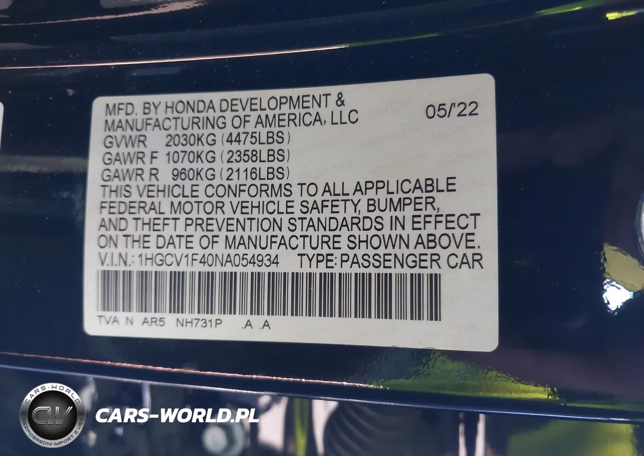 2022 Honda Accord Sport Special Edition VIN:1HGCV1F40NA054934 - 9