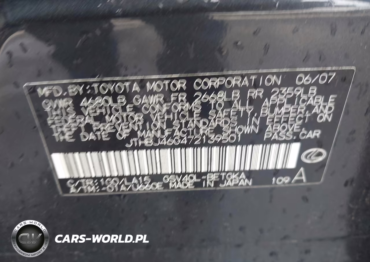 2007 Lexus Es 350 VIN:JTHBJ46G472139501 - 9