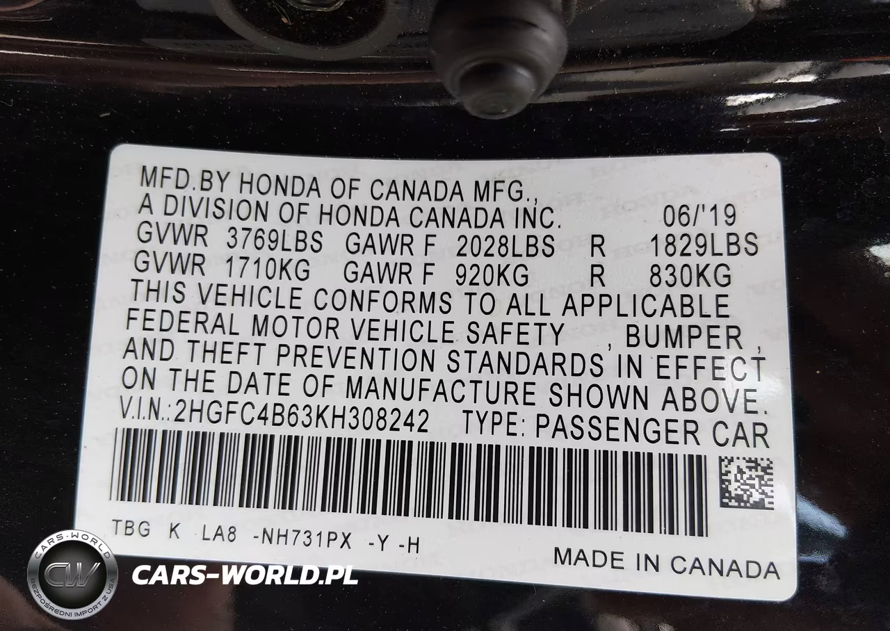 2019 Honda Civic Lx VIN:2HGFC4B63KH308242 - 9