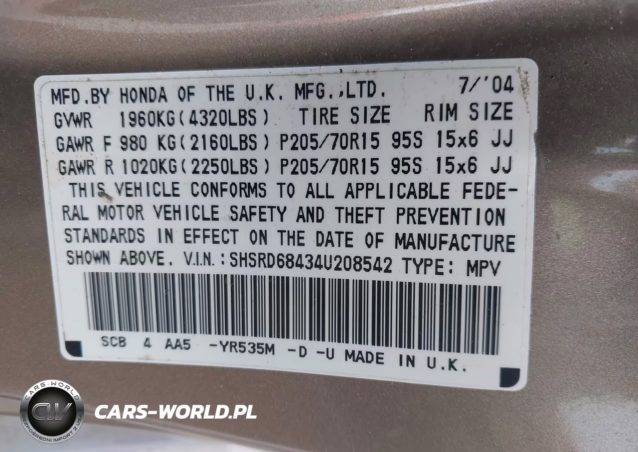 2004 Honda Cr-V Lx VIN:SHSRD68434U208542 - 9