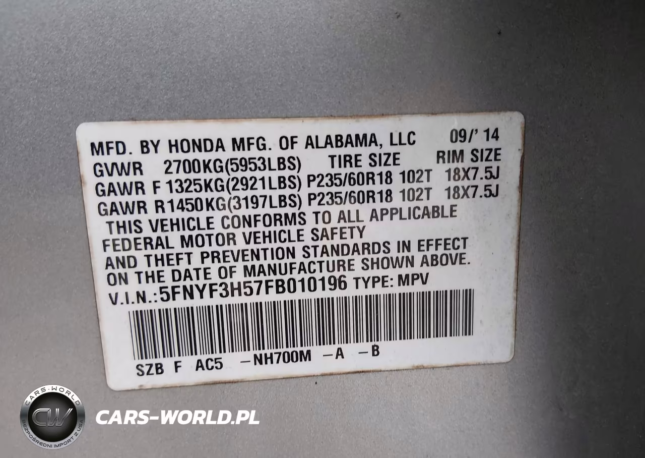 2015 Honda Pilot Ex-L VIN:5FNYF3H57FB010196 - 9
