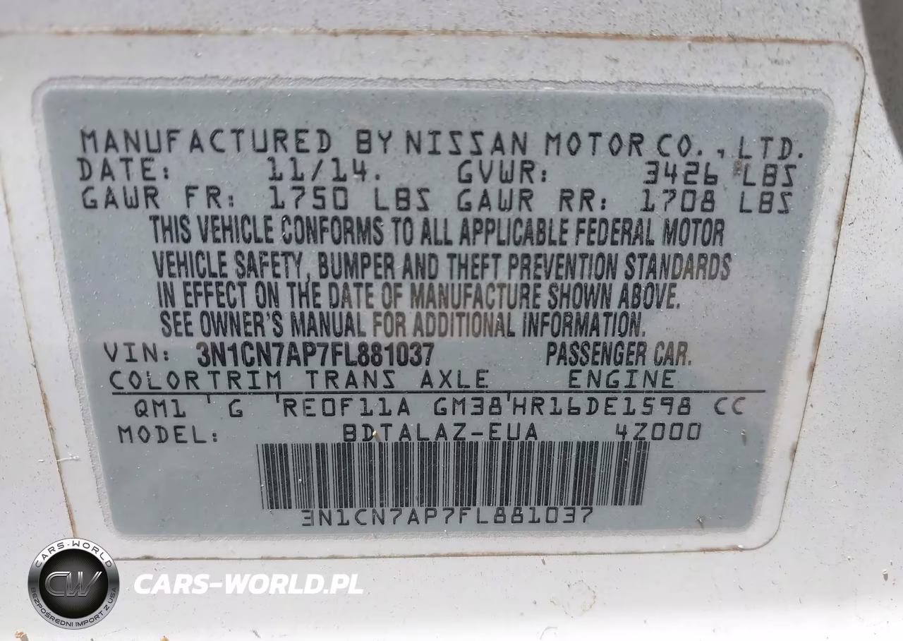 2015 Nissan Versa 1.6 S-1.6 S+-1.6 Sl-1.6 Sv VIN:3N1CN7AP7FL881037 - 9